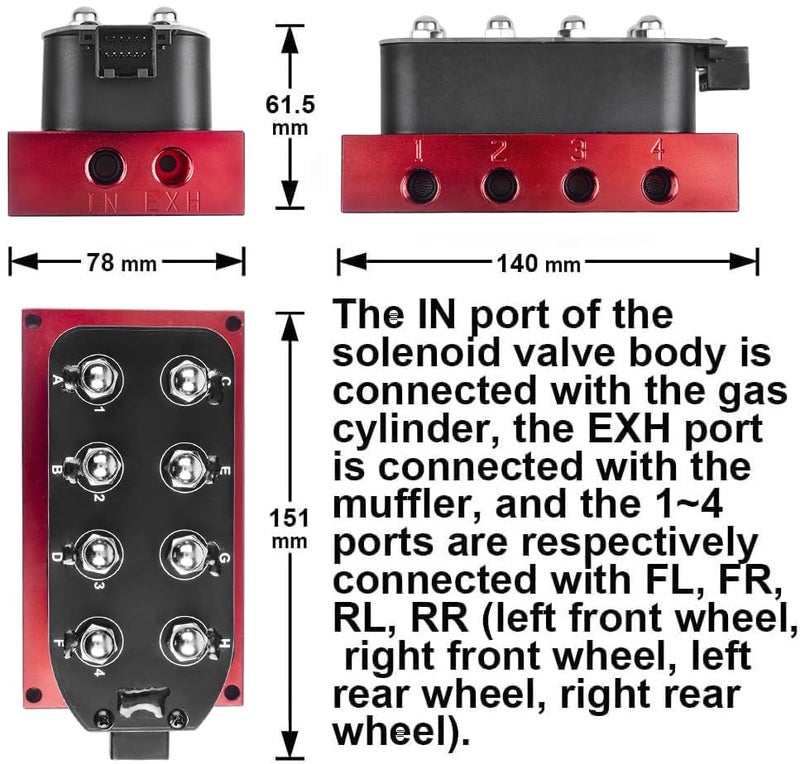 ZHSYMX 12V Solenoid 8-Valve Air Ride Suspension manifold valve Red with Control Panel Ship Type Switch, equipped with Five display air pressure gauge - Image 4