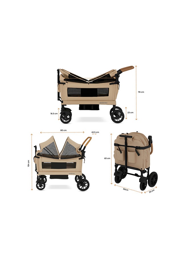 neobreez ADVI Wagon Cargo Push & Pull Foldable Double Stroller For 2 Kids, Waterproof UPF 50+ Removable Canopy, 2in1 Cup Holder, 6m-4yrs, 44kg, 3yrs Warranty - Image 4