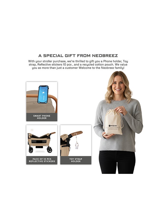 neobreez ADVI Wagon Cargo Push & Pull Foldable Double Stroller For 2 Kids, Waterproof UPF 50+ Removable Canopy, 2in1 Cup Holder, 6m-4yrs, 44kg, 3yrs Warranty - Image 3