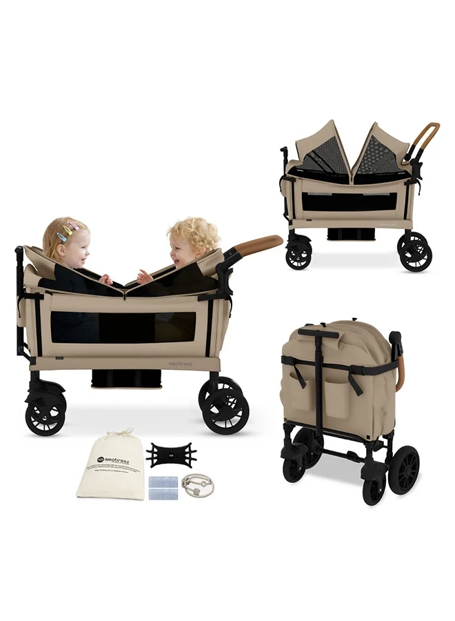neobreez ADVI Wagon Cargo Push & Pull Foldable Double Stroller For 2 Kids, Waterproof UPF 50+ Removable Canopy, 2in1 Cup Holder, 6m-4yrs, 44kg, 3yrs Warranty