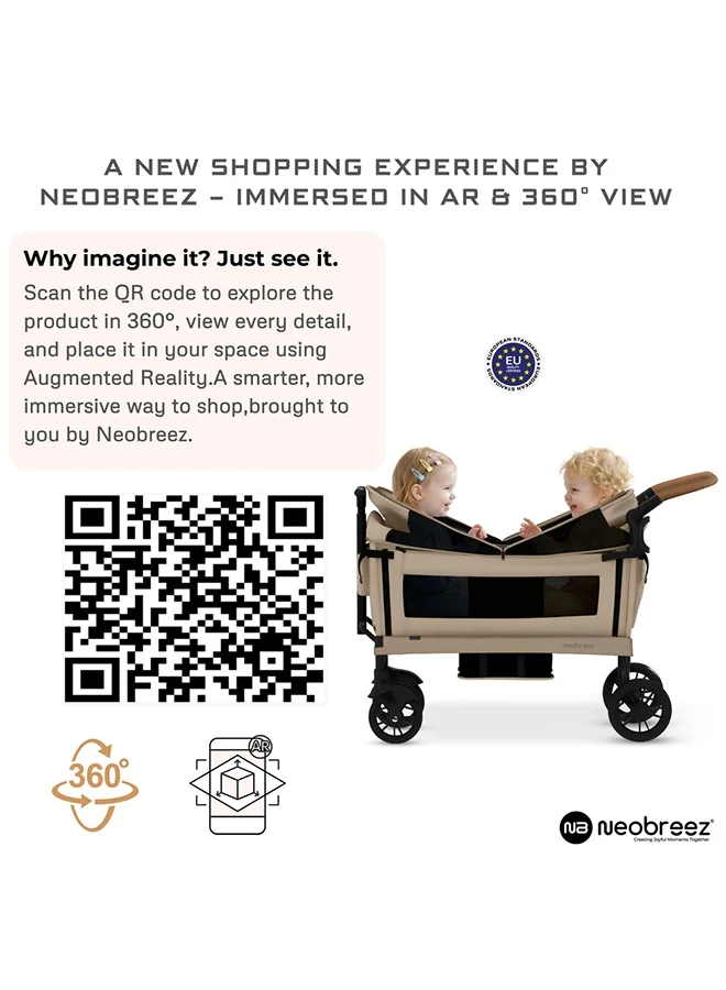 neobreez ADVI Wagon Cargo Push & Pull Foldable Double Stroller For 2 Kids, Waterproof UPF 50+ Removable Canopy, 2in1 Cup Holder, 6m-4yrs, 44kg, 3yrs Warranty