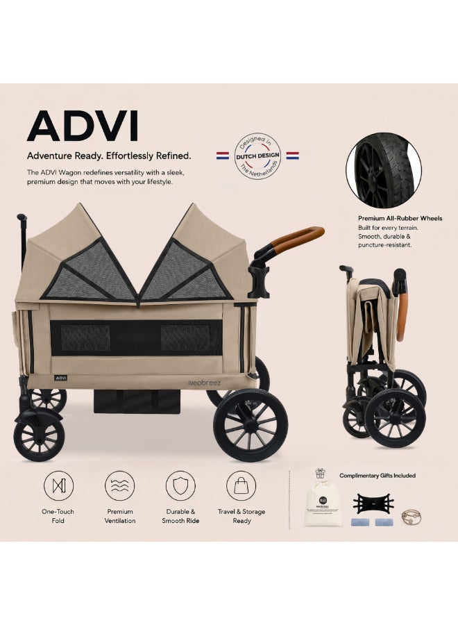 neobreez ADVI Wagon Cargo Push & Pull Foldable Double Stroller For 2 Kids, Waterproof UPF 50+ Removable Canopy, 2in1 Cup Holder, 6m-4yrs, 44kg, 3yrs Warranty - Image 2