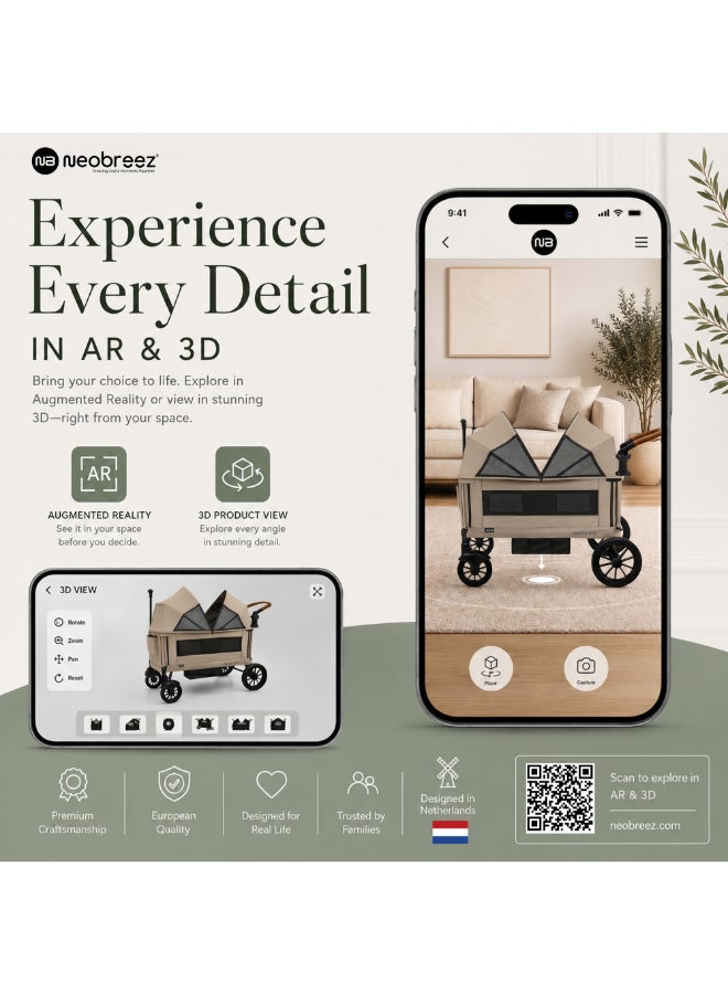 neobreez ADVI Wagon Cargo Push & Pull Foldable Double Stroller For 2 Kids, Waterproof UPF 50+ Removable Canopy, 2in1 Cup Holder, 6m-4yrs, 44kg, 3yrs Warranty - Image 3