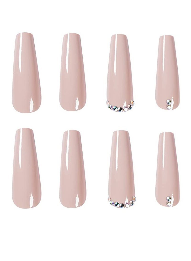 SYOSI Extra Long Fake Nails, 24pcs Coffin False Nails, Glossy Full Cover Press on Nails, Bling Rhinestone Artificial False Nail Tips for Women and Girls Pink  - Image 2