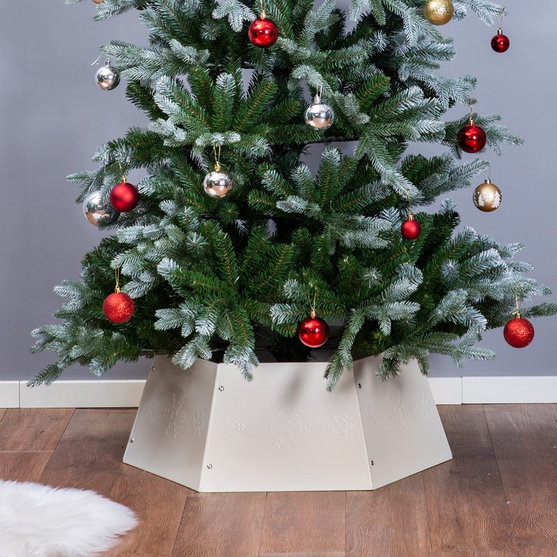 FORUP FORUP Metal Christmas Tree Ring With Printed Snowflake Tree Collar Skirt Base Stand for Decorations Cream White 