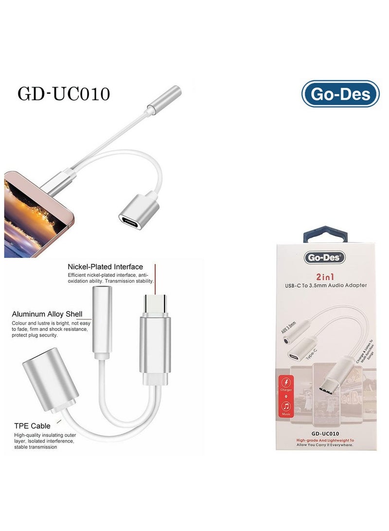 GO-DES Go-Des GD-UC010 2-in-1 USB-C to 3.5mm Audio Adapter with Fast Charging Support - Image 3