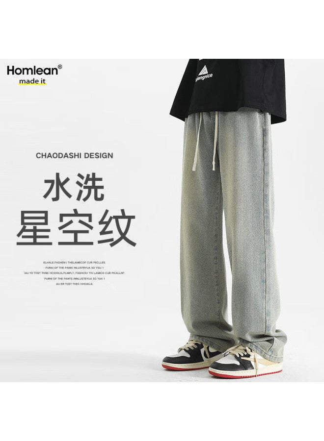 Homlean Vintage Jeans For Men, Starry Sky Pattern, Fashionable Versatile Loose Straight-leg Casual Trousers, 8021 Yellow Mud Color, Size M - Image 1