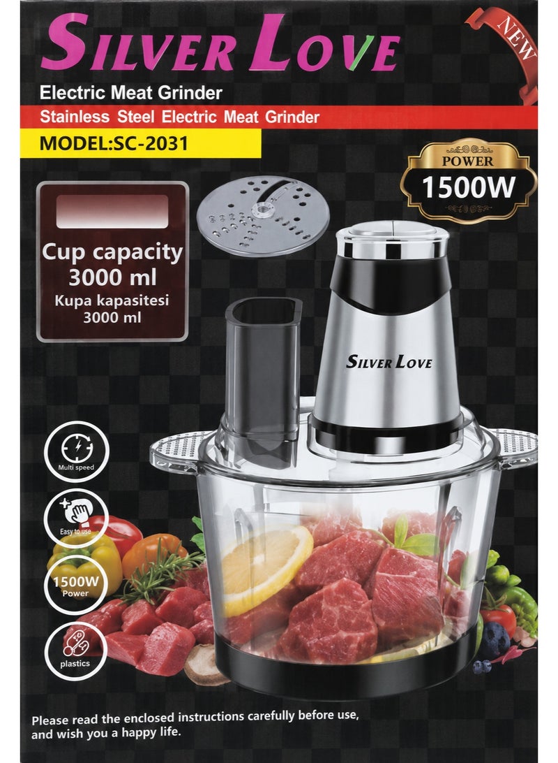 Silver Love Electric Meat Grinder & Food Chopper 1500W, 3L Stainless Steel Multi-Speed Meat Mincer SC-2031 - Image 1