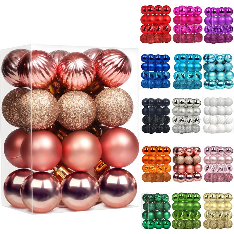 Emopeak 24Pcs Christmas Balls Ornaments for Xmas Christmas Tree - 4 Style Shatterproof Christmas Tree Decorations Hanging Ball for Holiday Wedding Party Decoration (Rose Gold  1.3""/3.2CM) - Image 1
