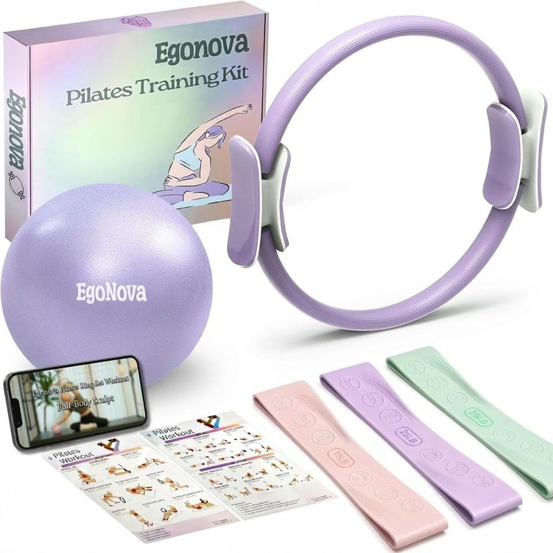 EgoNova Pilates Ring Set 35cm Magic Circle with Dual Padded Handles Pilates Mini Ball and Resistance Bands 15 25 35 lbs for Strength Flexibility Stability and Body Toning - Image 2