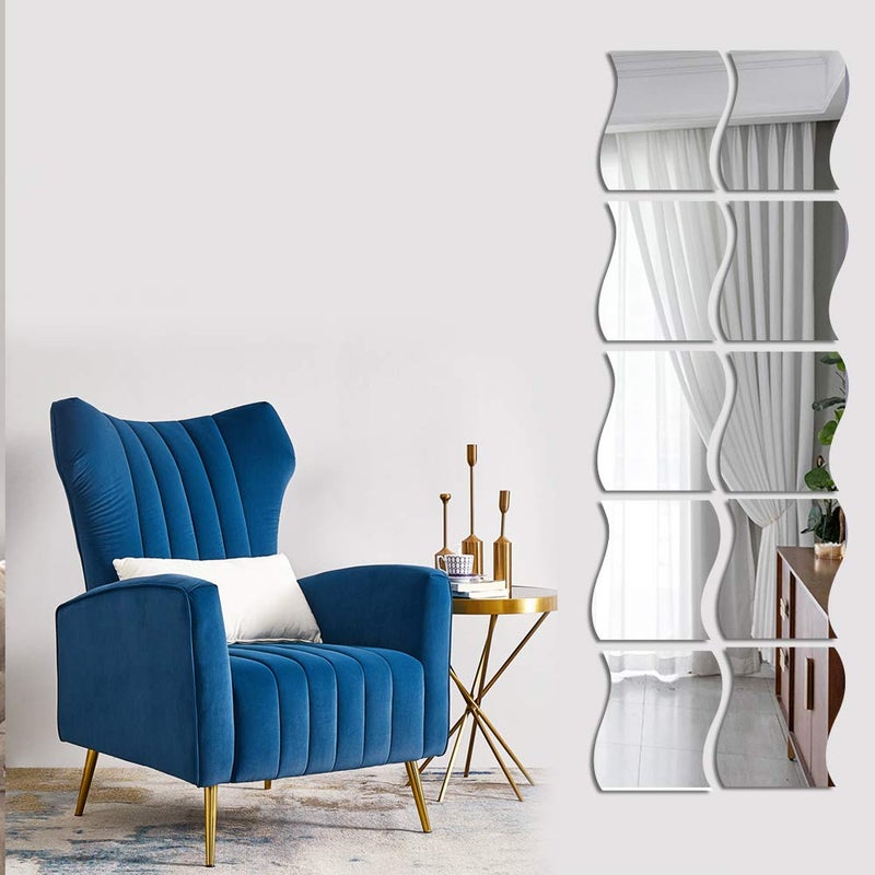 Beser Lee 12PCS Wavy Mirror Wall Stickers Full Length 3D Art DIY Home Decorative Acrylic Sheet Plastic Tiles for Living Room Bedroom Sofa TV Setting Wall Decoration Decor 