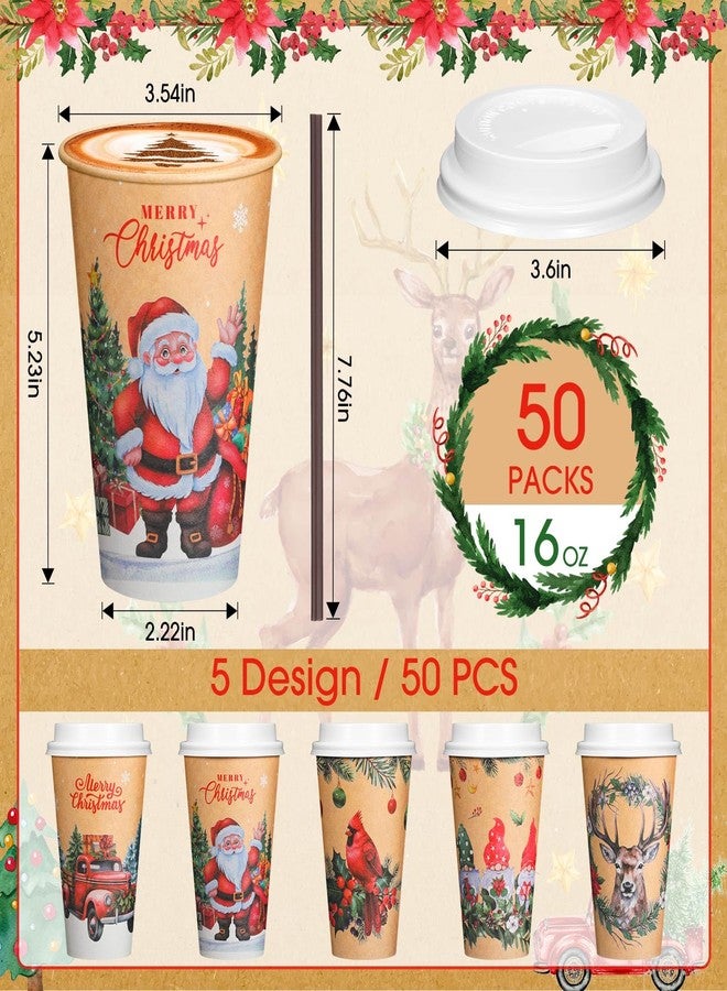 Uiifan 50 Pack Vintage Christmas Coffee Cups 16 Oz with Lids & Straws, Disposable Paper Hot Cocoa & Hot Chocolate Cups, Bulk Holiday Party Supplies for Winter Events, Merry Christmas Designs - Image 2