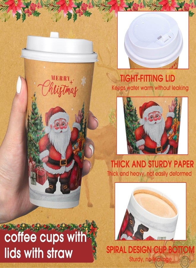 Uiifan 50 Pack Vintage Christmas Coffee Cups 16 Oz with Lids & Straws, Disposable Paper Hot Cocoa & Hot Chocolate Cups, Bulk Holiday Party Supplies for Winter Events, Merry Christmas Designs - Image 3
