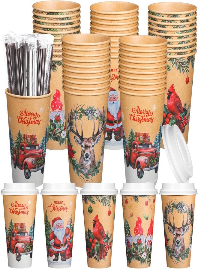 Uiifan 50 Pack Vintage Christmas Coffee Cups 16 Oz with Lids & Straws, Disposable Paper Hot Cocoa & Hot Chocolate Cups, Bulk Holiday Party Supplies for Winter Events, Merry Christmas Designs - Image 1