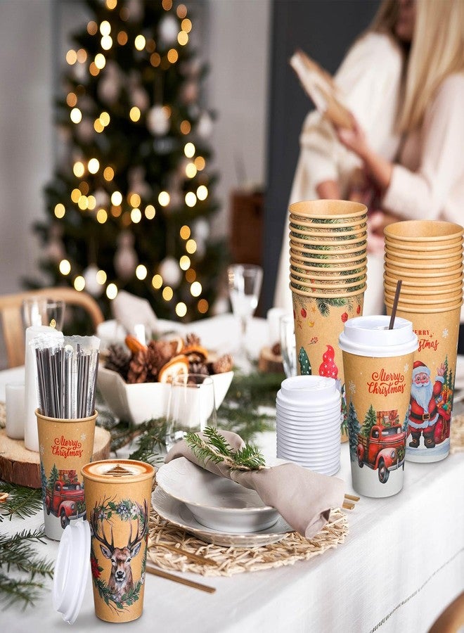 Uiifan 50 Pack Vintage Christmas Coffee Cups 16 Oz with Lids & Straws, Disposable Paper Hot Cocoa & Hot Chocolate Cups, Bulk Holiday Party Supplies for Winter Events, Merry Christmas Designs - Image 4