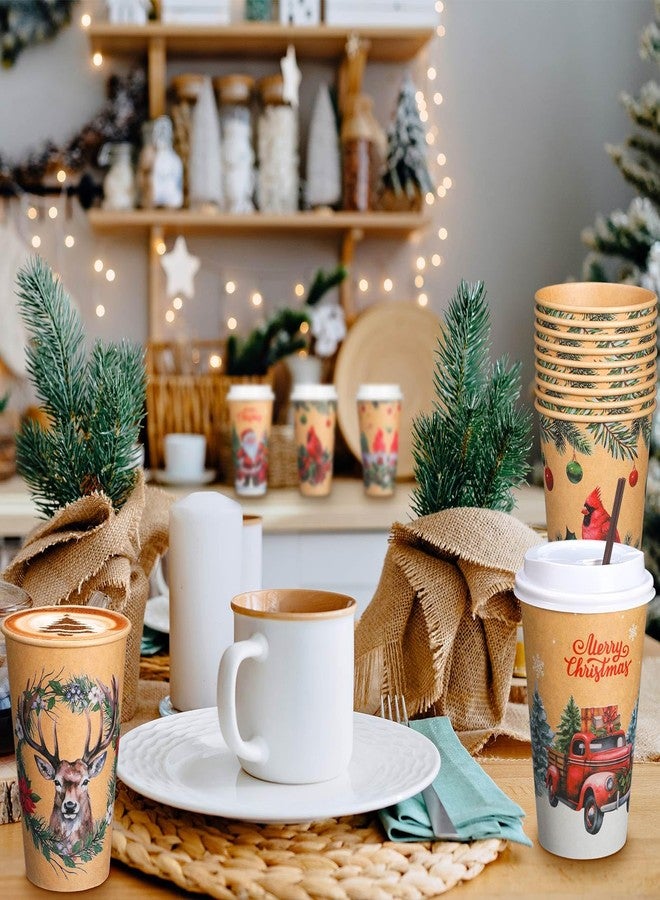 Uiifan 50 Pack Vintage Christmas Coffee Cups 16 Oz with Lids & Straws, Disposable Paper Hot Cocoa & Hot Chocolate Cups, Bulk Holiday Party Supplies for Winter Events, Merry Christmas Designs - Image 5