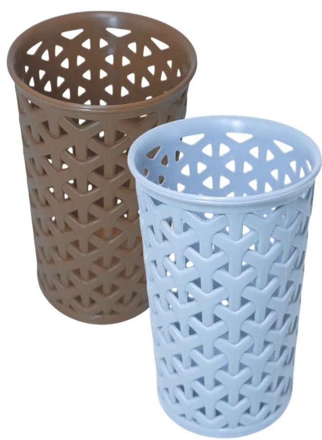 MORVI Linea Small Round Plastic Multipurpose Organizer For Kitchen, Bathroom, Salon, Office|Stationery,Cutlery,Pen,Makeup Brushes Holder|Hanging Toothbrush Stand |Pack Of 2 | BROWN LIGHT GREY - Image 1