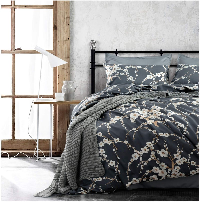 Eikei Japanese Oriental Style Cherry Red Blossom Floral Branches Print Duvet Quilt Cover 300tc Cotton Bedding 3 Piece Set Charcoal Queen