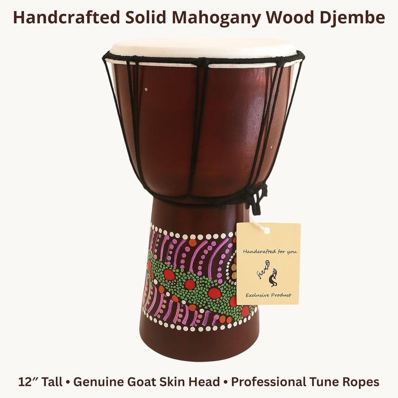 Jive Djembe Drum – Hand Carved African Drum, Bongo Congo Style – Solid Mahogany with Goatskin Head, Tribal Painted Design – 12" High by - Image 3