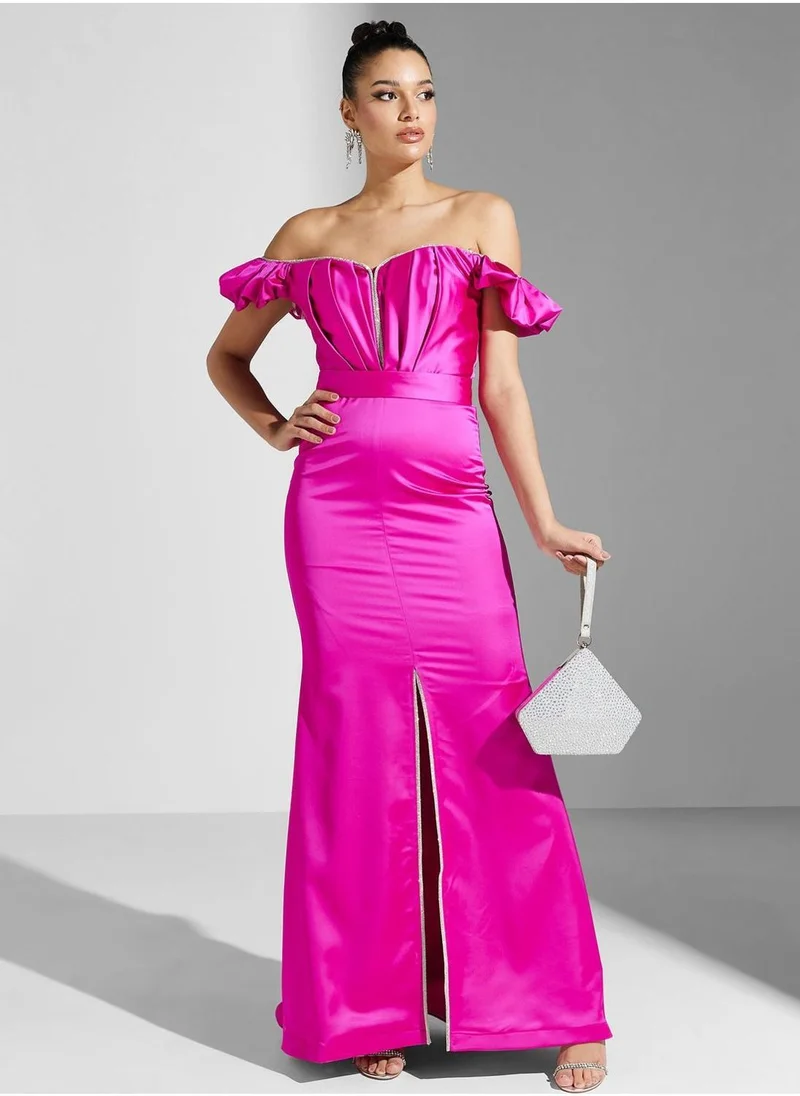 اكاديا فاشن Bardot Balloon Sleeve Front Slit Dress