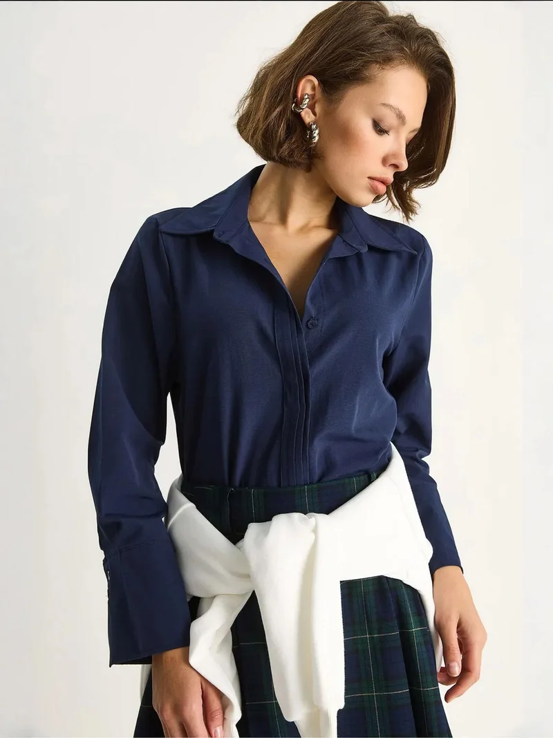 Bianco Lucci Navy Blue LUCCI Regular Fit Long Sleeve Button-Up Poplin Shirt for Women | Best Price UAE