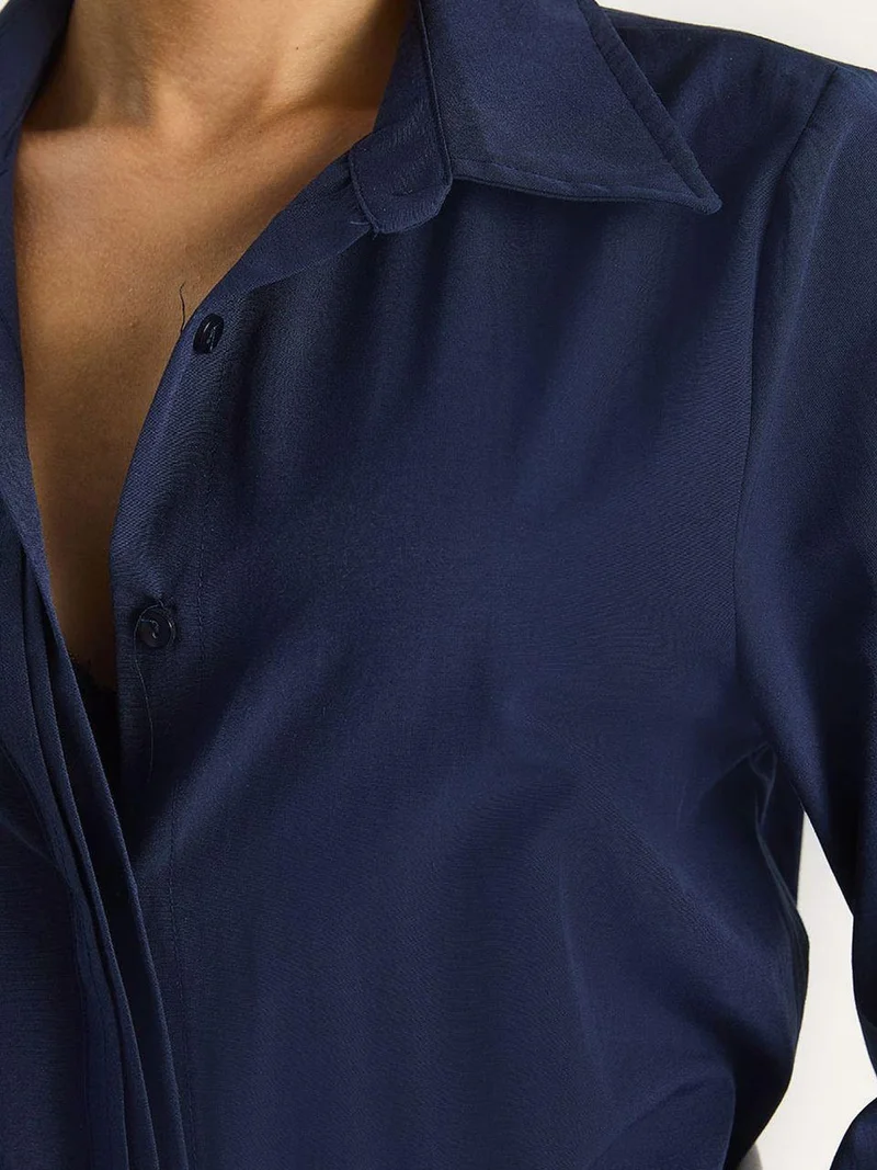 Bianco Lucci Navy Blue LUCCI Regular Fit Long Sleeve Button-Up Poplin Shirt for Women | Best Price UAE