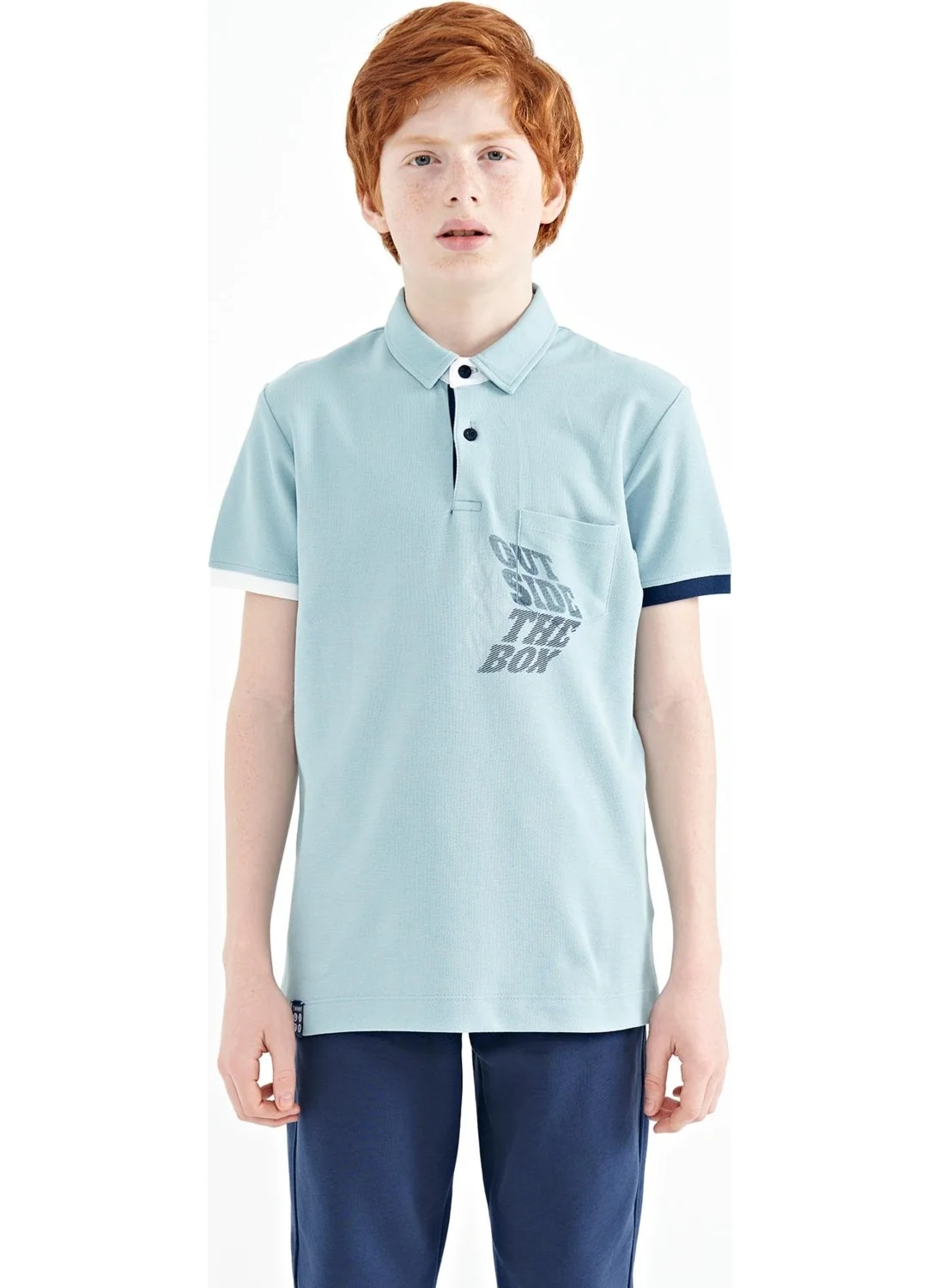 تومي لايف Light Blue Front Pocket Detailed Printed Standard Size Polo Collar Boy's T-Shirt - 11102
