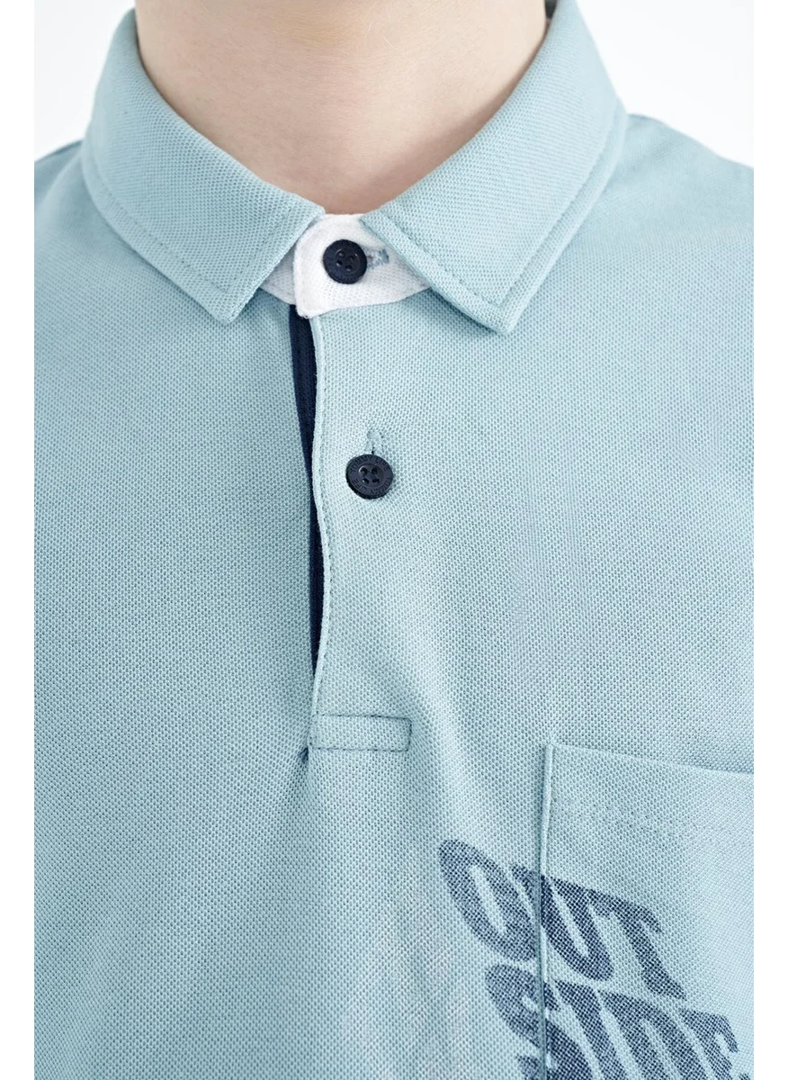 تومي لايف Light Blue Front Pocket Detailed Printed Standard Size Polo Collar Boy's T-Shirt - 11102