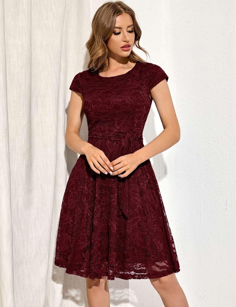 MUADRESS Women Cap-Sleeve Lace Floral Elegant Cocktail Dress Crew Neck Knee Length Bridesmaid Prom Dresses for Party Burgundy 3XL - Image 3