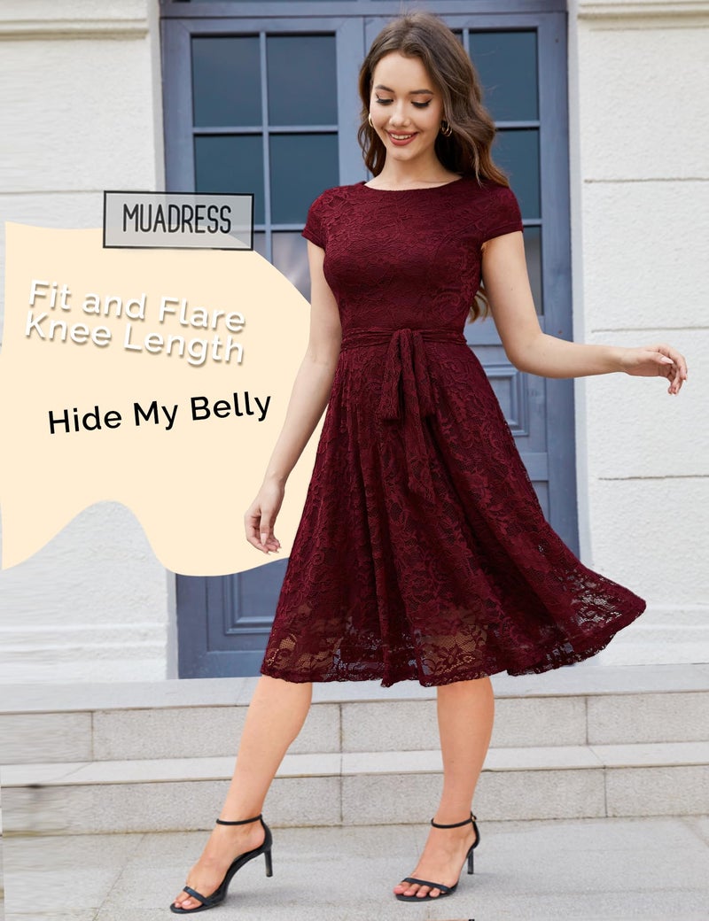 MUADRESS Women Cap-Sleeve Lace Floral Elegant Cocktail Dress Crew Neck Knee Length Bridesmaid Prom Dresses for Party Burgundy 3XL - Image 2