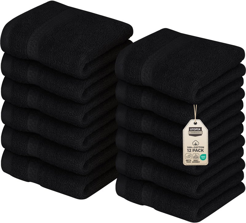 Utopia Towels 12 Pack Premium Wash Cloths Set, 12 by 12 Inches, 100% Cotton Ring Spun, Highly Absorbent and Soft Feel Essential Washcloths for Bathroom, Spa, Gym, and Face, Black - Image 1