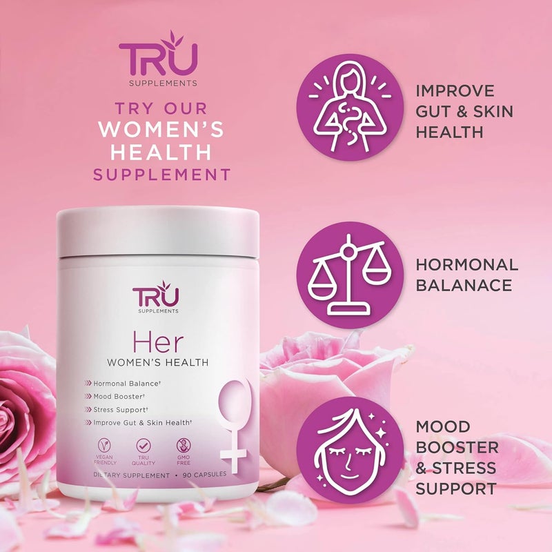 TRU Supplements HER Womens Health Supplement Complete Formula for Daily Hormone Support Gut  Skin Health Fertility  Mood Booster PMS  Digestive Support Natural Womens Formula  30 Servings - Image 5