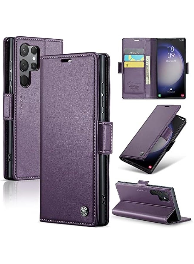 Samsung S23 Ultra Wallet Case - RFID Blocking, Card Holder, Magnetic Clasp, Kickstand - Purple - Image 1