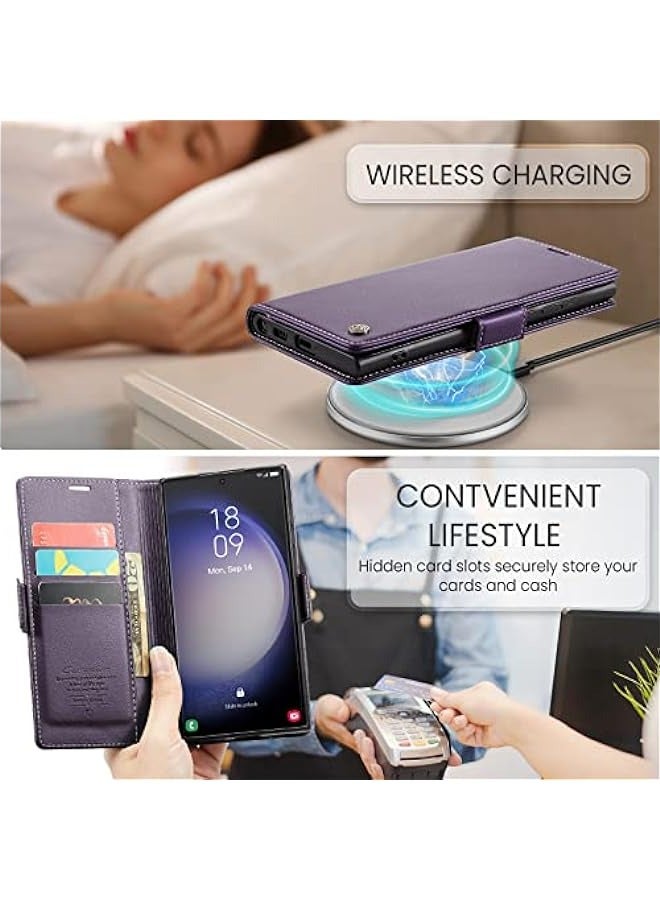 Samsung S23 Ultra Wallet Case - RFID Blocking, Card Holder, Magnetic Clasp, Kickstand - Purple - Image 3