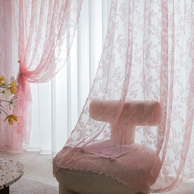 Sutuo Home Sutuo Home Pink Lace Curtains 84 Inches Long 2 Panels Set Blush Sheer Country Retro Florals Vintage Voile Window Treatment for Girls BedroomLiving RoomOld World Decor Rod Pocket W57 x L84 