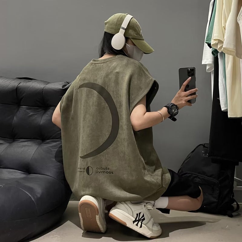 Military Green Vest Mens Summer American Style Retro Trendy Brand Plump Handsome Heavy Suede Sleeveless T-Shirt Sports Waistcoat Green - Image 1