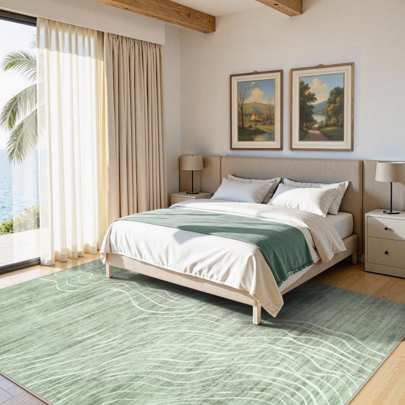 LIVEBOX 8x10 Modern Area Rugs for Living Room, Abstract Non-Slip Washable Rugs, Minimalist Wave Striped Neutral Boys Girl Nursery Area Rug for Bedroom, Carpet for Playroom Office(Sage Green,8'x10') - Image 2