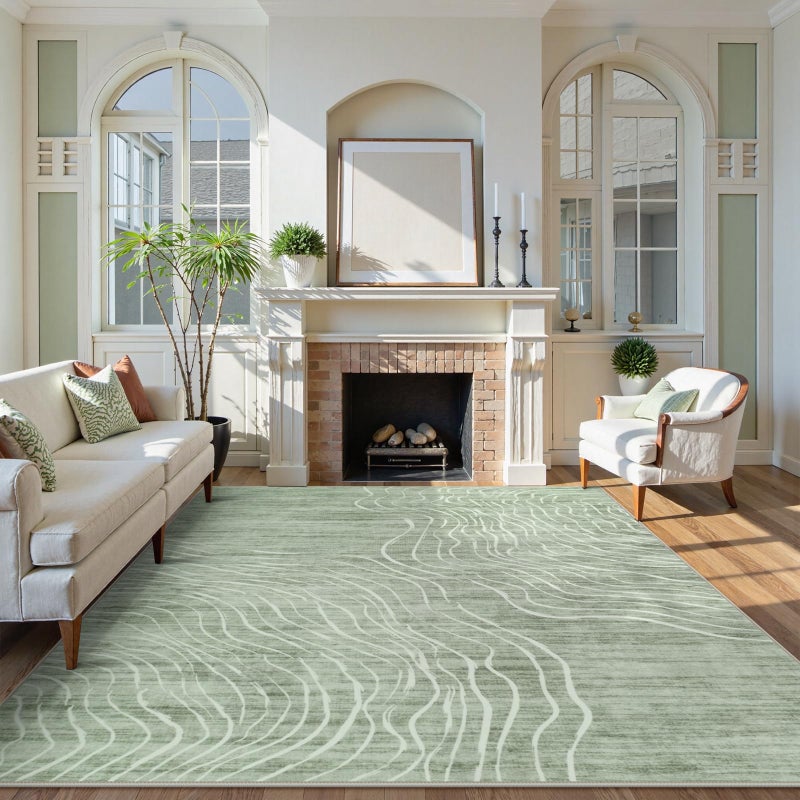 LIVEBOX 8x10 Modern Area Rugs for Living Room, Abstract Non-Slip Washable Rugs, Minimalist Wave Striped Neutral Boys Girl Nursery Area Rug for Bedroom, Carpet for Playroom Office(Sage Green,8'x10') - Image 1