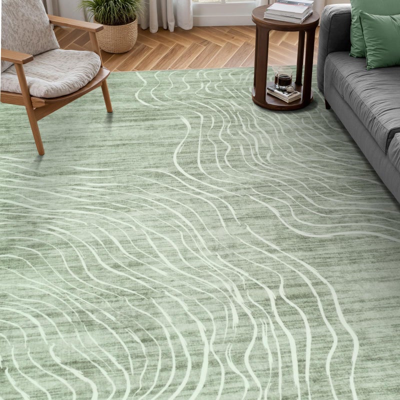 LIVEBOX 8x10 Modern Area Rugs for Living Room, Abstract Non-Slip Washable Rugs, Minimalist Wave Striped Neutral Boys Girl Nursery Area Rug for Bedroom, Carpet for Playroom Office(Sage Green,8'x10') - Image 5