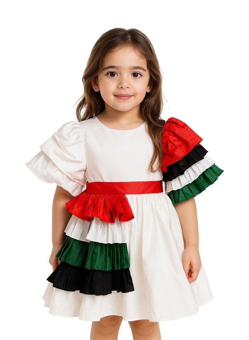 المنزل الذكي هوم سمارت فستان أبيض بنقشة علم اليوم الوطني للبنات احتفلي باليوم الوطني لدولة الإمارات العربية المتحدة بأناقة الزي الوطني لدولة الإمارات العربية المتحدة للمناسبات الوطنية الاحتفالية - Image 1