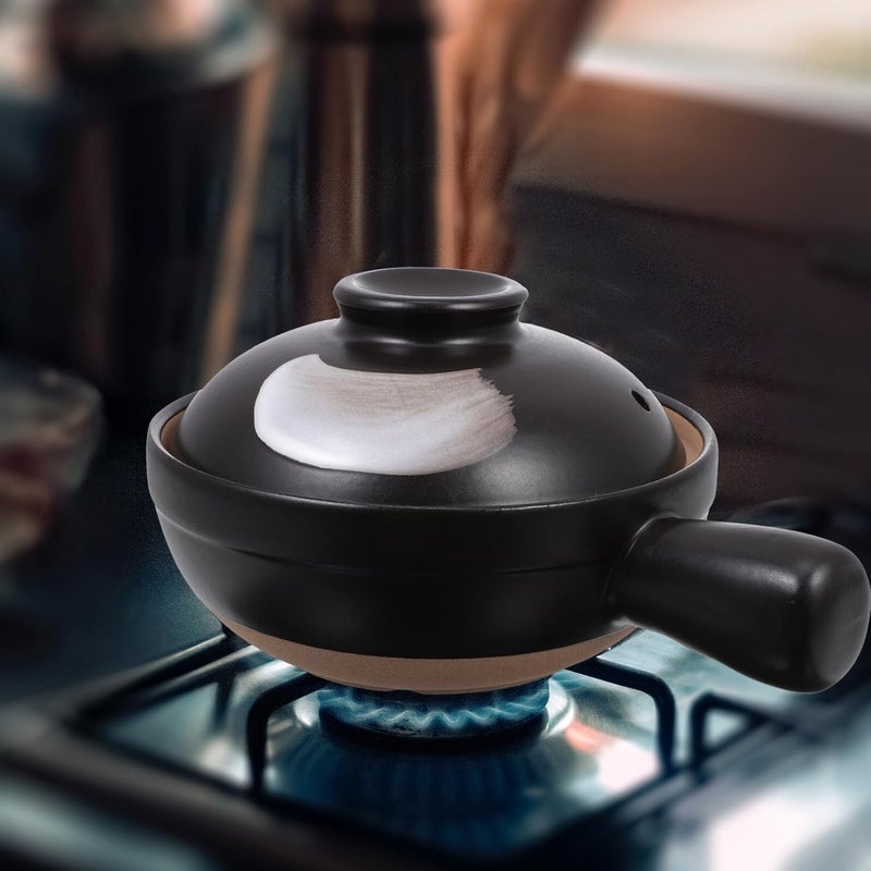 Traditional Casserole Small Single Handle Porcelain Stew Pot Heat Resistant Anti-crack Kitchen Cookware for Home Soup Cooking Serving Black Gray Texture - Image 2