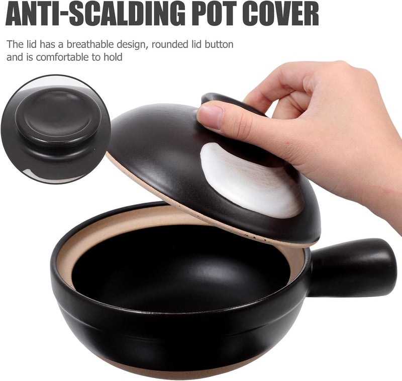 Traditional Casserole Small Single Handle Porcelain Stew Pot Heat Resistant Anti-crack Kitchen Cookware for Home Soup Cooking Serving Black Gray Texture - Image 3