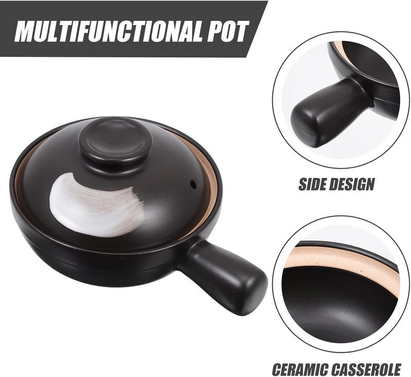 Traditional Casserole Small Single Handle Porcelain Stew Pot Heat Resistant Anti-crack Kitchen Cookware for Home Soup Cooking Serving Black Gray Texture - Image 4