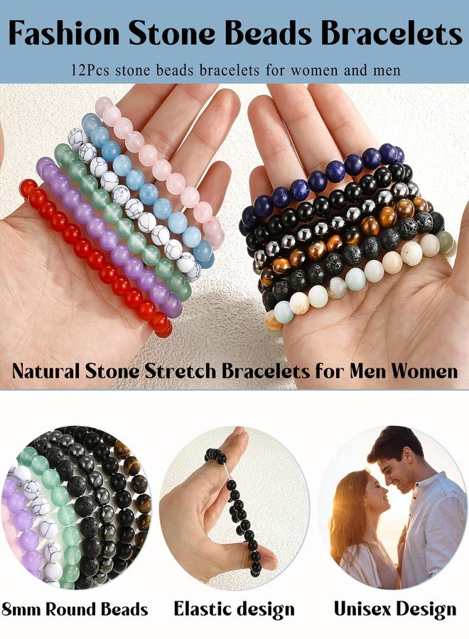 EIELO أساور كريستال ستون EIELO 12 قطعة للنساء والرجال من الأحجار شبه الكريمة 8 مم مجموعة أساور خرز كريستالية طبيعية للطاقة هدية مجوهرات - Image 3