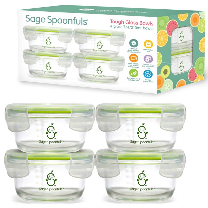 Sage Spoonfuls Glass Baby Food Containers with Lids - 4 Pack, 7 oz Baby Food Jars, Durable, Leakproof & Airtight, Freezer Storage, Reusable Glass Baby Food Containers, Microwave & Dishwasher Safe - Image 1