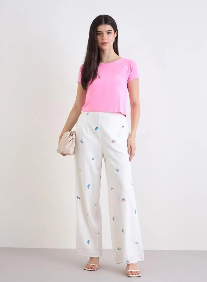 Styli Styli Off White Embroidered Wide Leg Trousers