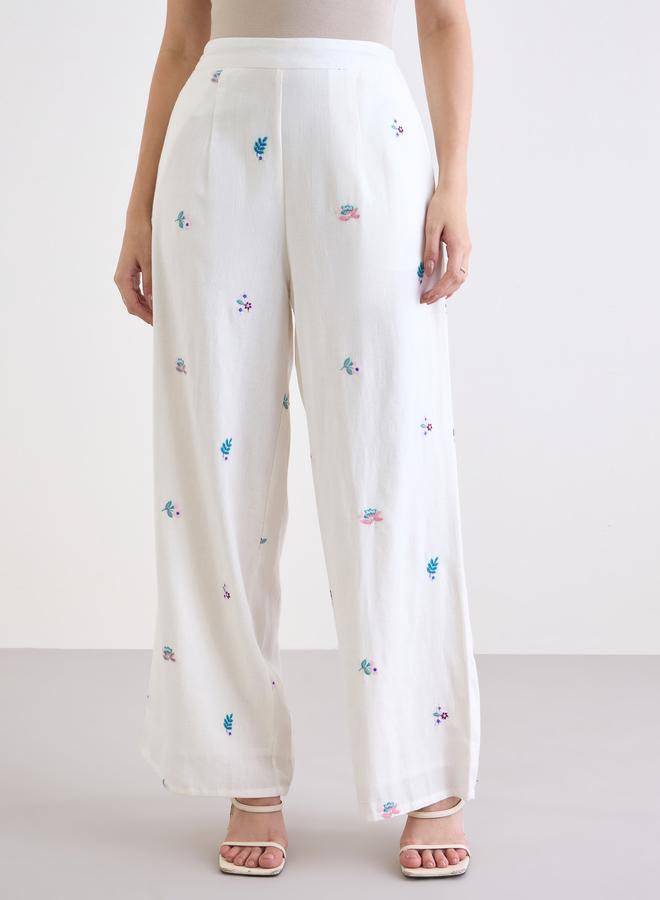 Styli Off White Embroidered Wide Leg Trousers - Image 2