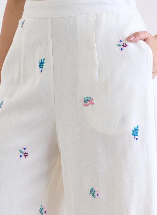 Styli Off White Embroidered Wide Leg Trousers - Image 3