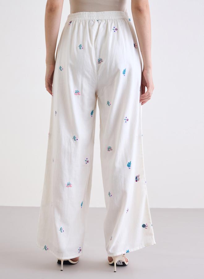 Styli Off White Embroidered Wide Leg Trousers - Image 4