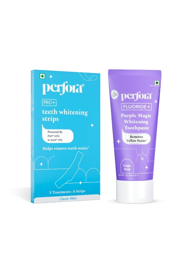 Perfora Teeth Whitening Combo - Whitens Teeth in 1 Use | Enamel-Safe & Sensitivity-Free Oral Care Formula For Tooth Stain Removal | Purple Toothpaste-75gm & Teeth Whitening Strips - Pack of 3 - Image 1